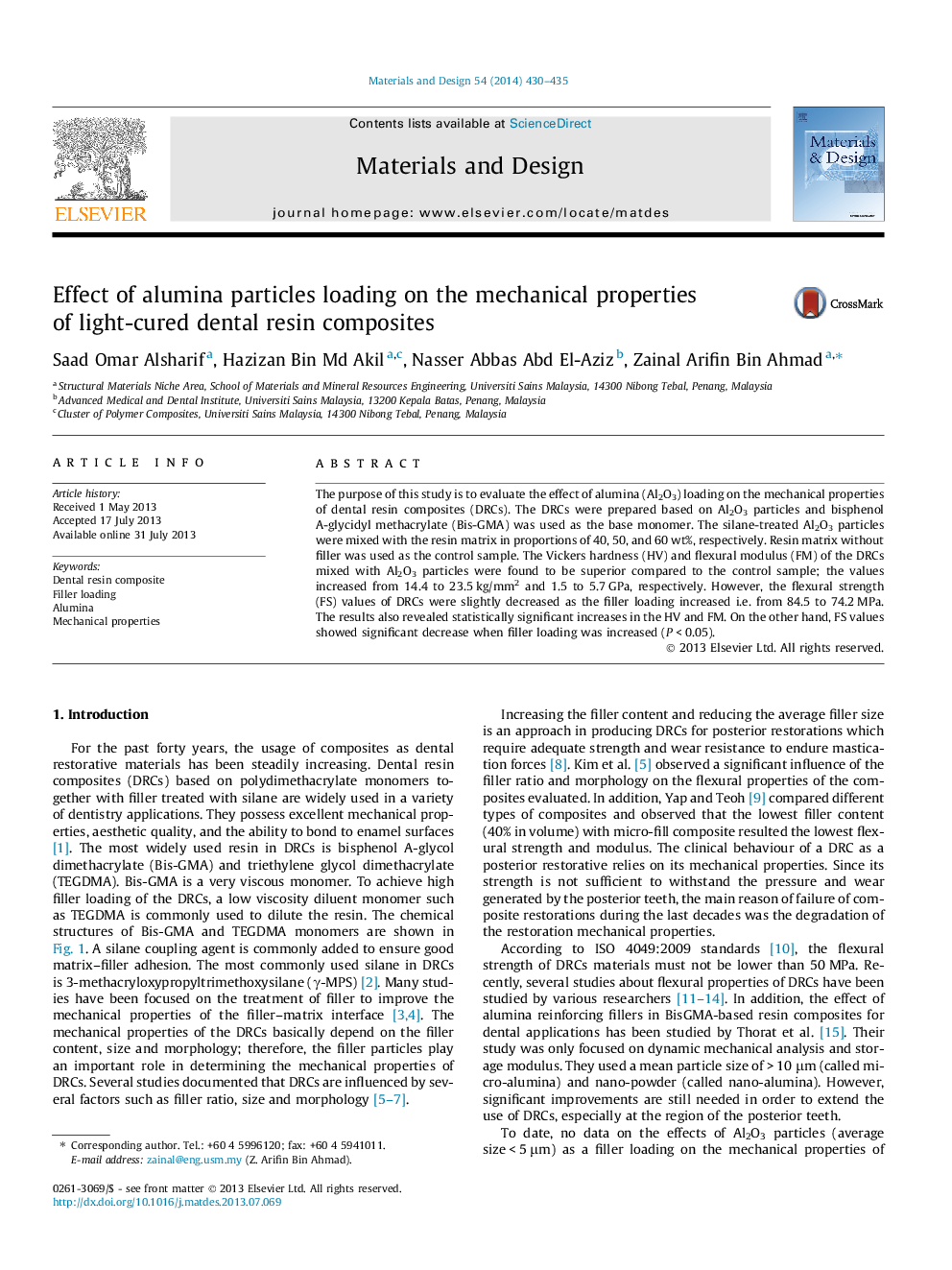 Effect of alumina particles loading on the mechanical properties of light-cured dental resin composites