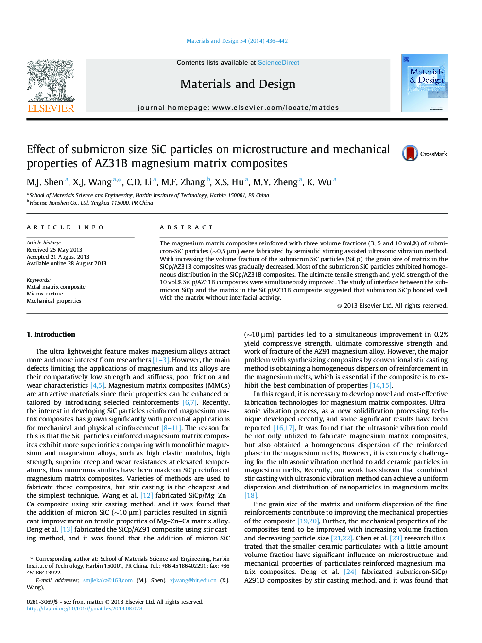 Effect of submicron size SiC particles on microstructure and mechanical properties of AZ31B magnesium matrix composites