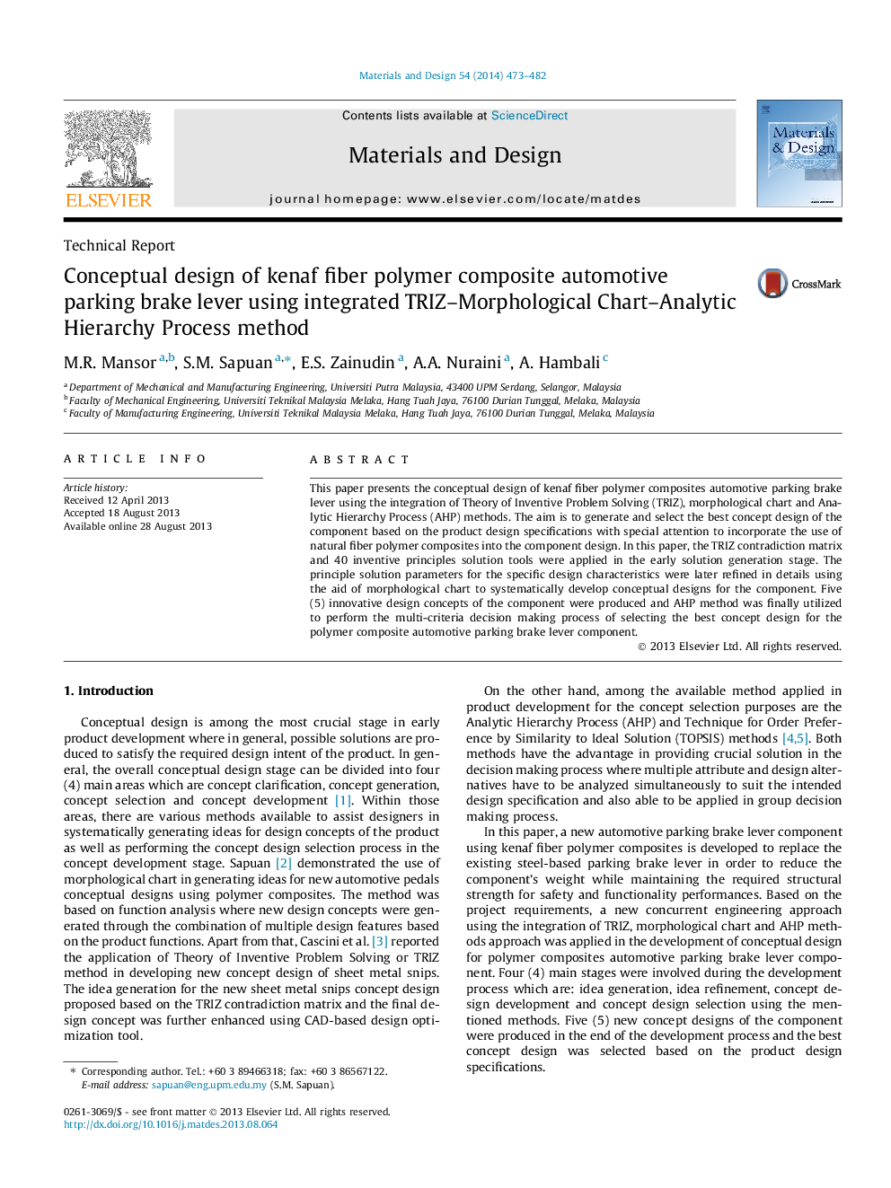 Conceptual design of kenaf fiber polymer composite automotive parking brake lever using integrated TRIZ–Morphological Chart–Analytic Hierarchy Process method