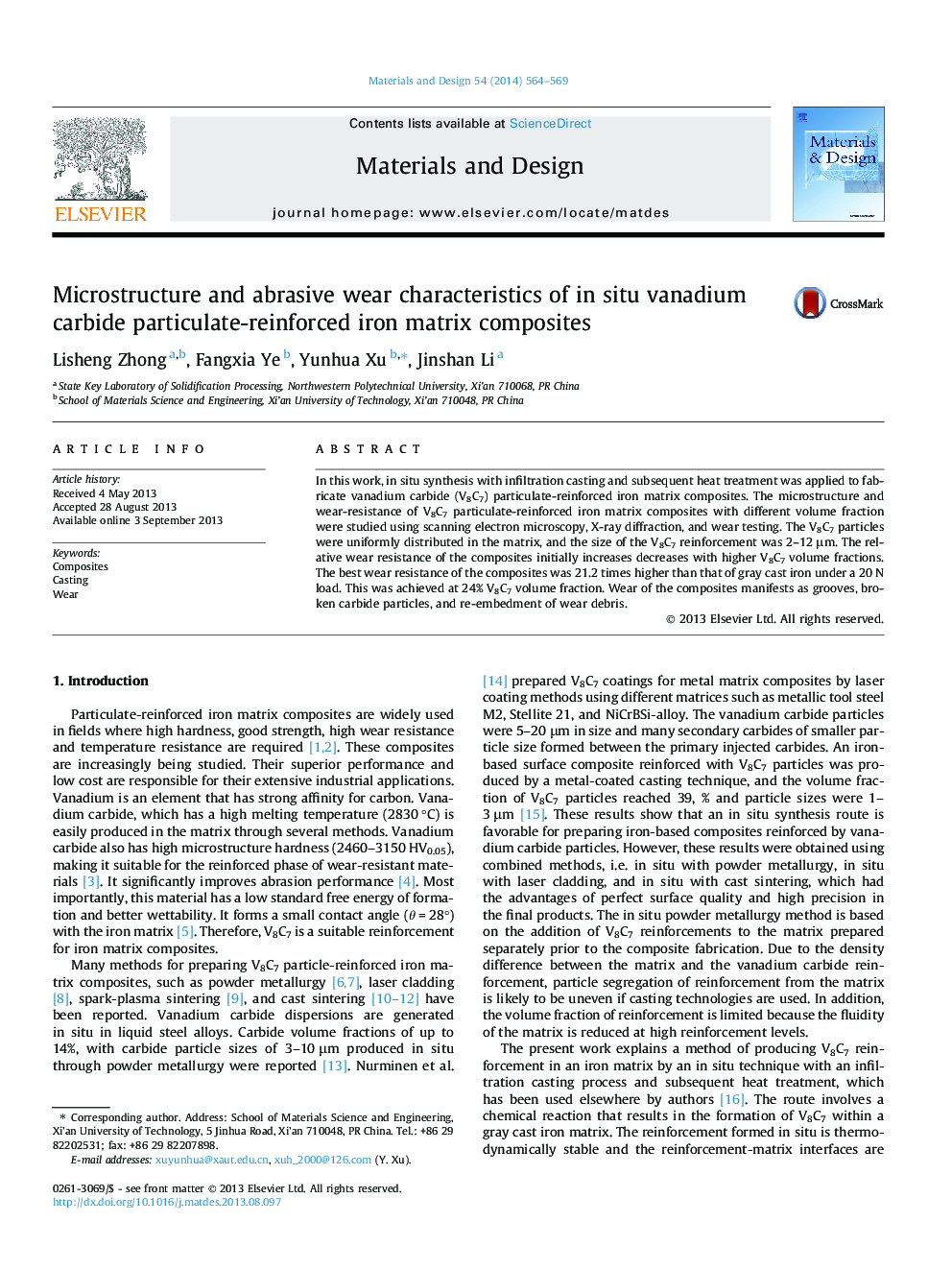 Microstructure and abrasive wear characteristics of in situ vanadium carbide particulate-reinforced iron matrix composites