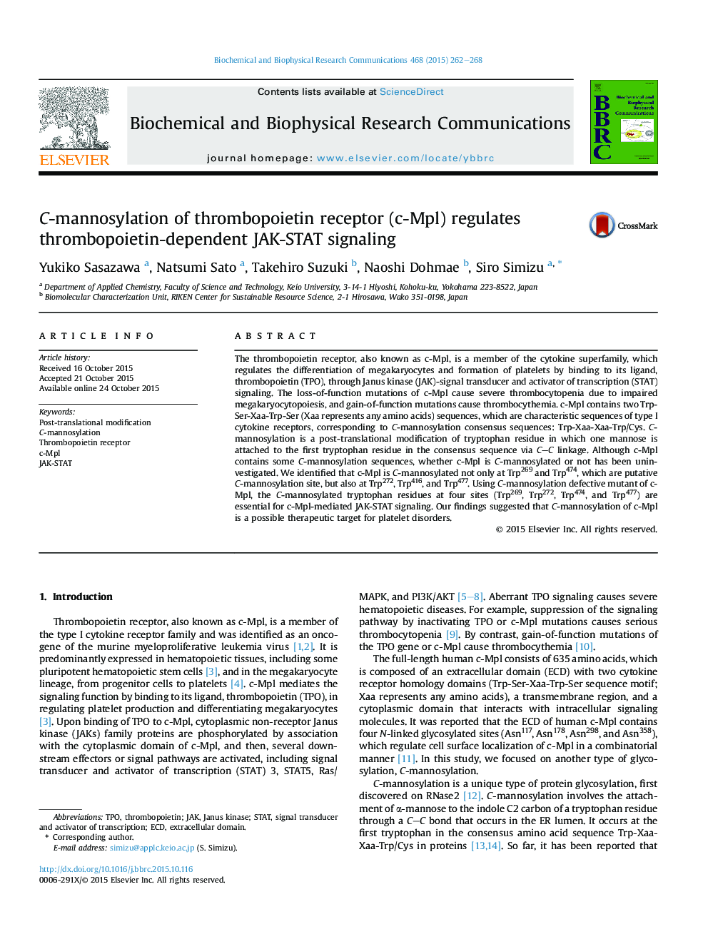 C-mannosylation of thrombopoietin receptor (c-Mpl) regulates thrombopoietin-dependent JAK-STAT signaling