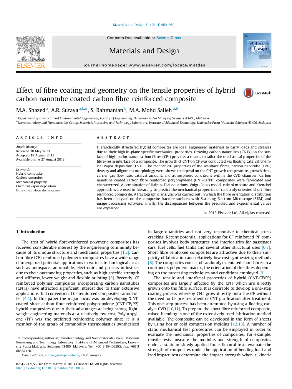 Effect of fibre coating and geometry on the tensile properties of hybrid carbon nanotube coated carbon fibre reinforced composite