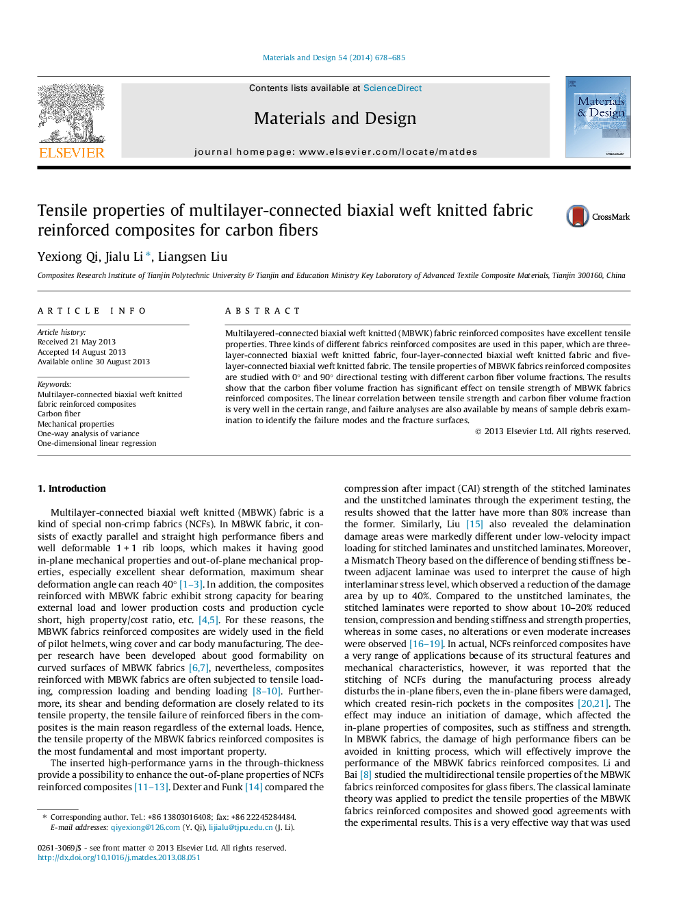 Tensile properties of multilayer-connected biaxial weft knitted fabric reinforced composites for carbon fibers