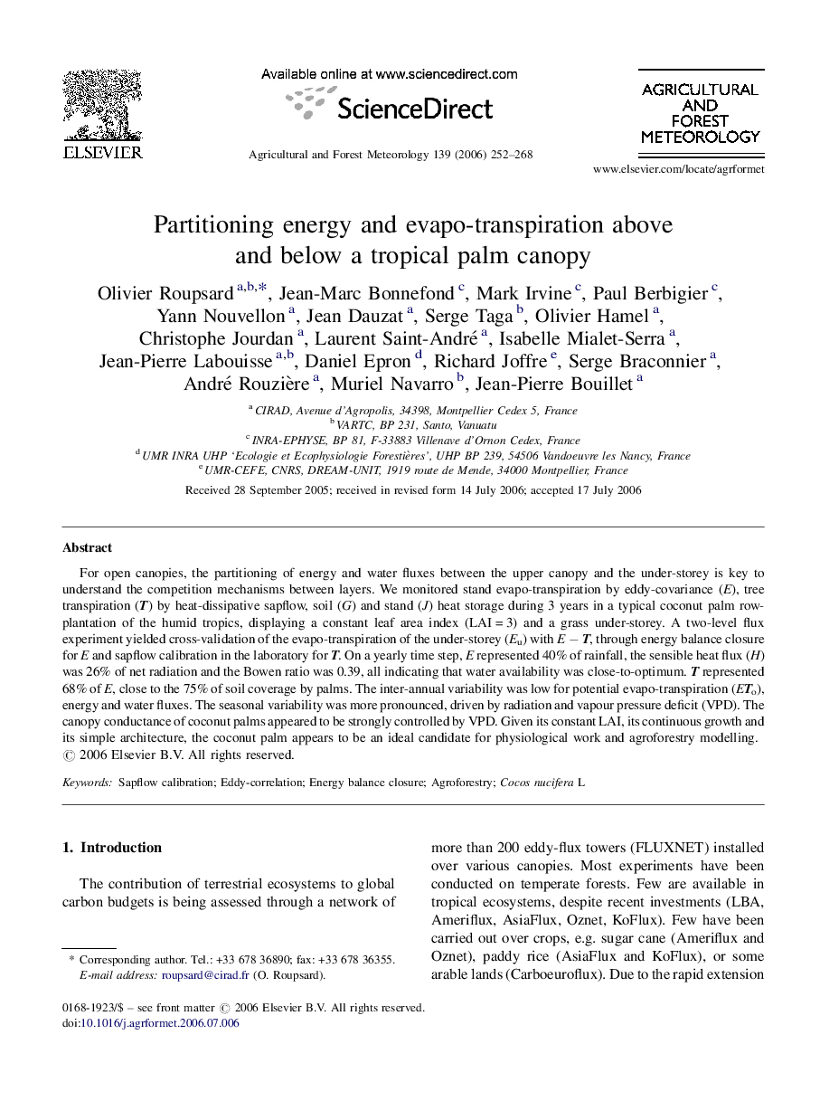 Partitioning energy and evapo-transpiration above and below a tropical palm canopy