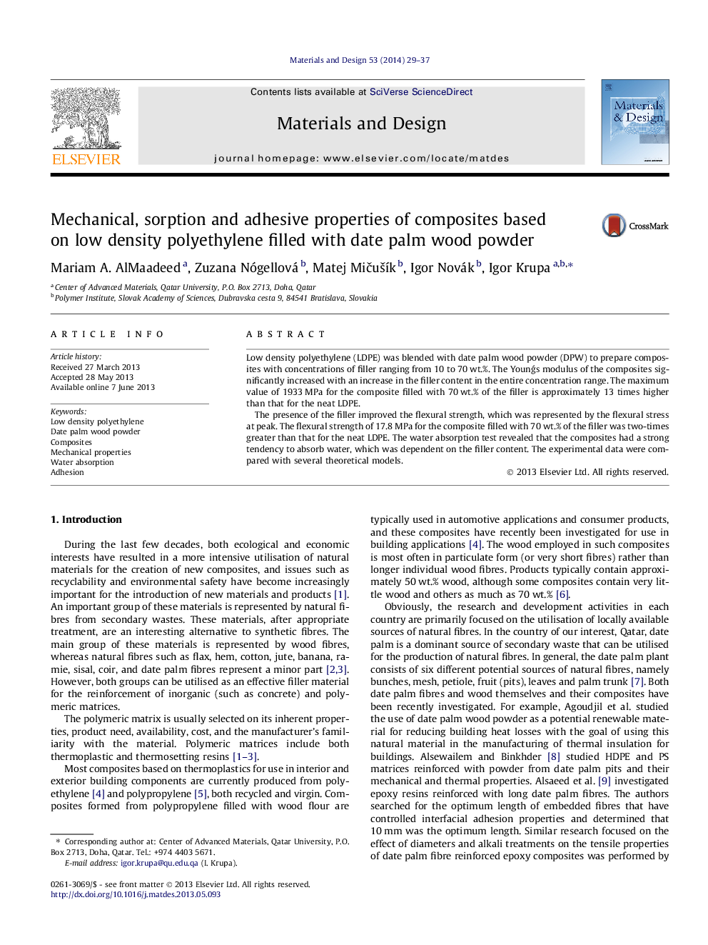 Mechanical, sorption and adhesive properties of composites based on low density polyethylene filled with date palm wood powder