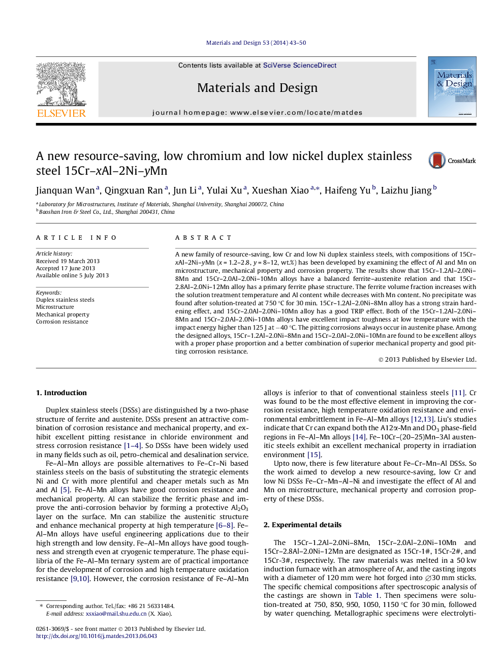 A new resource-saving, low chromium and low nickel duplex stainless steel 15Cr–xAl–2Ni–yMn