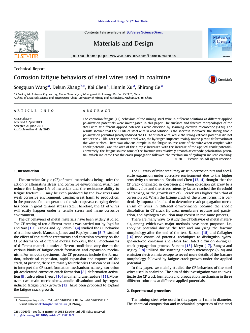 Corrosion fatigue behaviors of steel wires used in coalmine