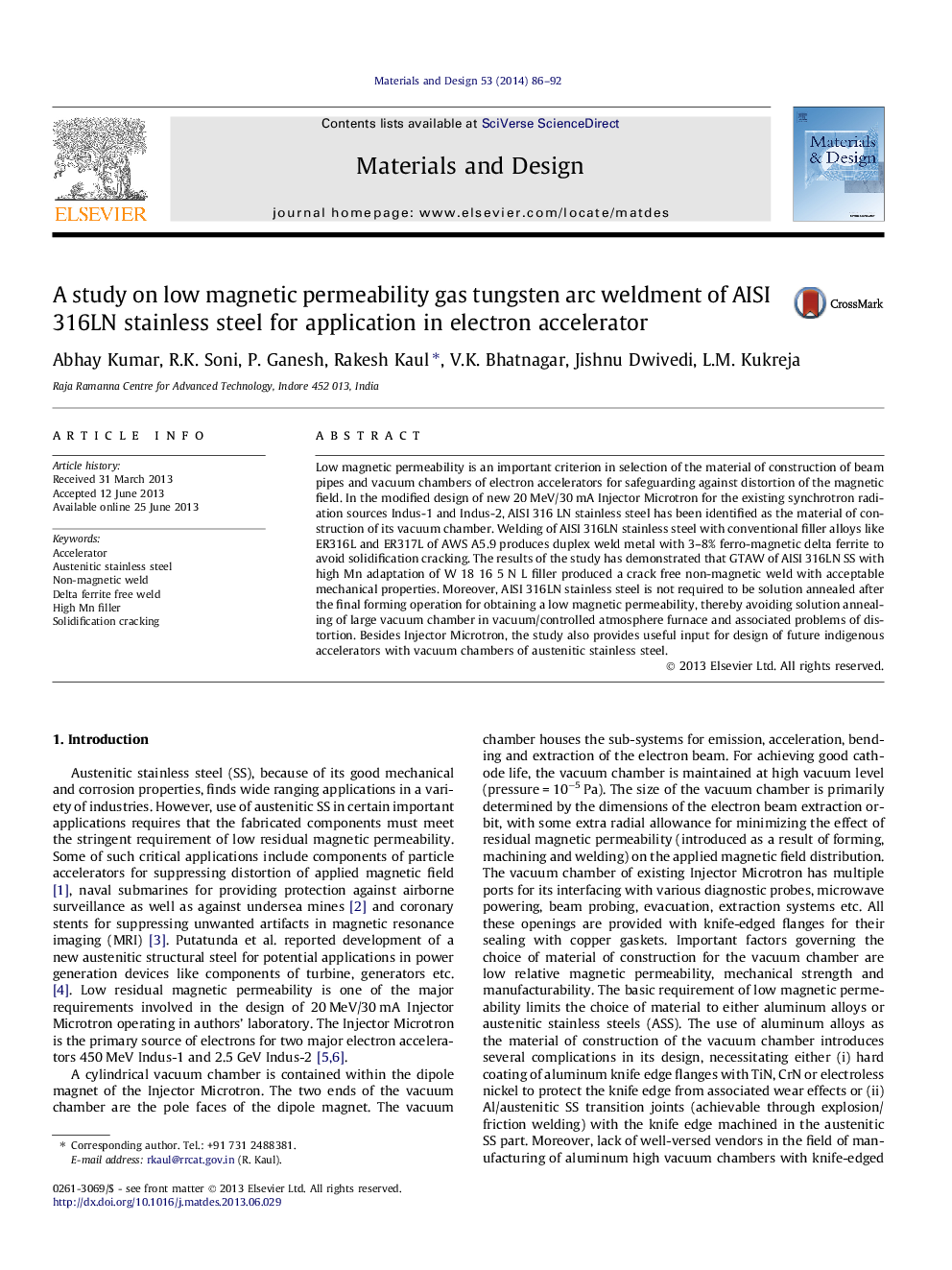 A study on low magnetic permeability gas tungsten arc weldment of AISI 316LN stainless steel for application in electron accelerator