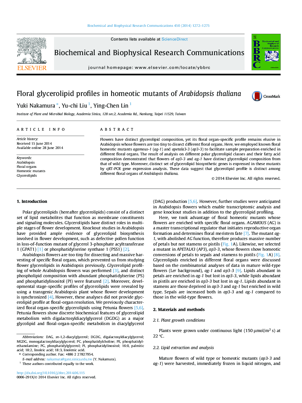 Floral glycerolipid profiles in homeotic mutants of Arabidopsis thaliana