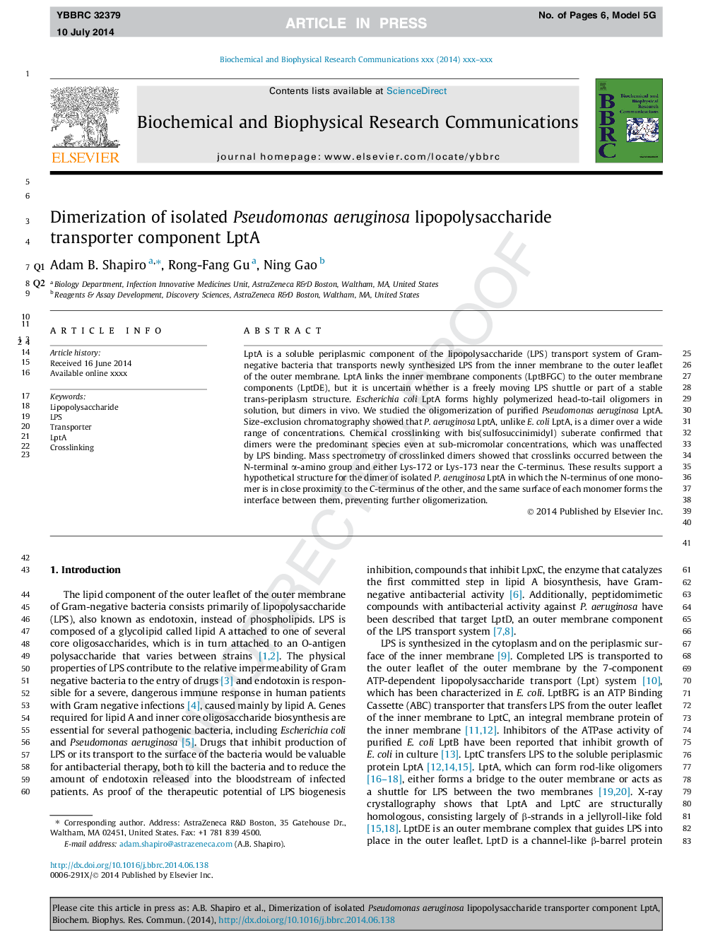 Dimerization of isolated Pseudomonas aeruginosa lipopolysaccharide transporter component LptA