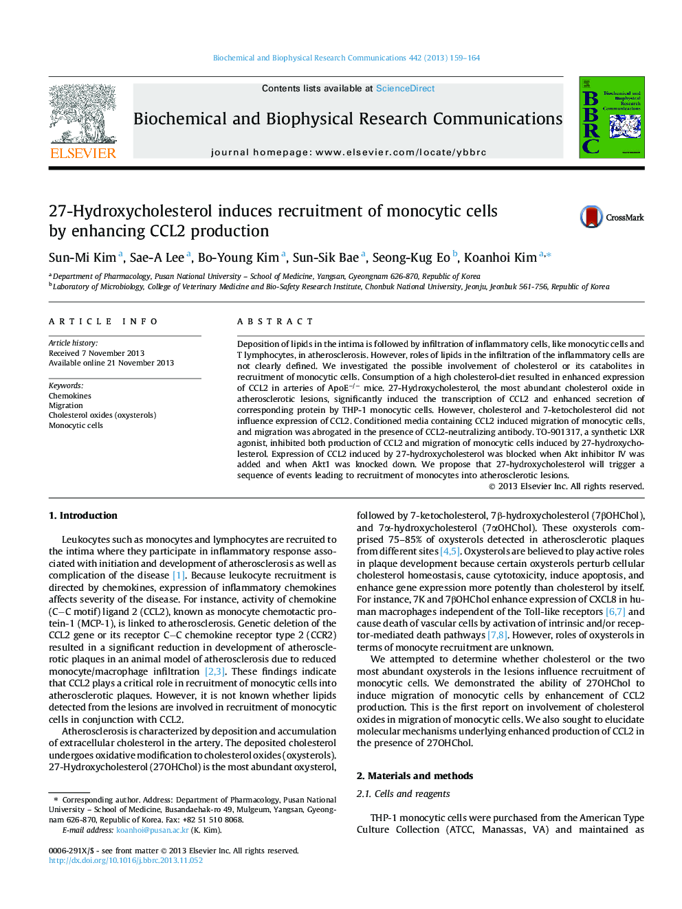 27-Hydroxycholesterol induces recruitment of monocytic cells by enhancing CCL2 production