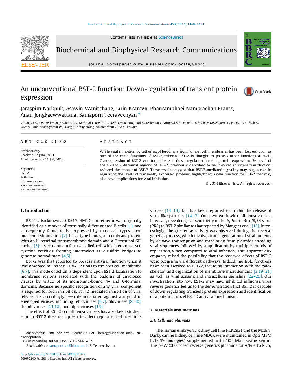 An unconventional BST-2 function: Down-regulation of transient protein expression