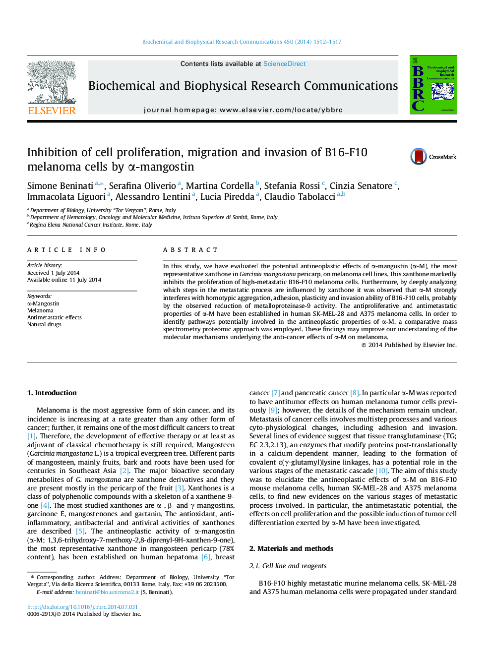 Inhibition of cell proliferation, migration and invasion of B16-F10 melanoma cells by Î±-mangostin