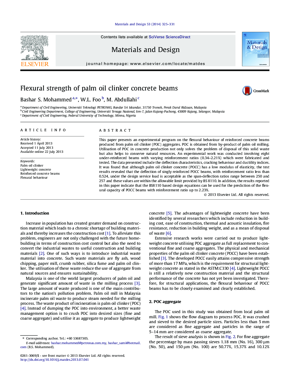 Flexural strength of palm oil clinker concrete beams