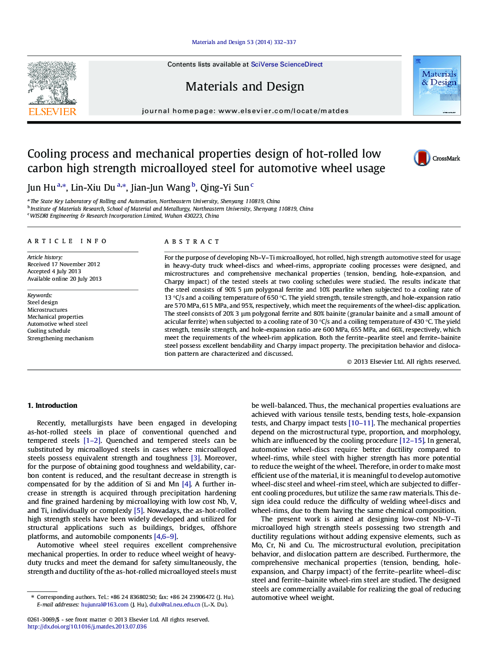 Cooling process and mechanical properties design of hot-rolled low carbon high strength microalloyed steel for automotive wheel usage