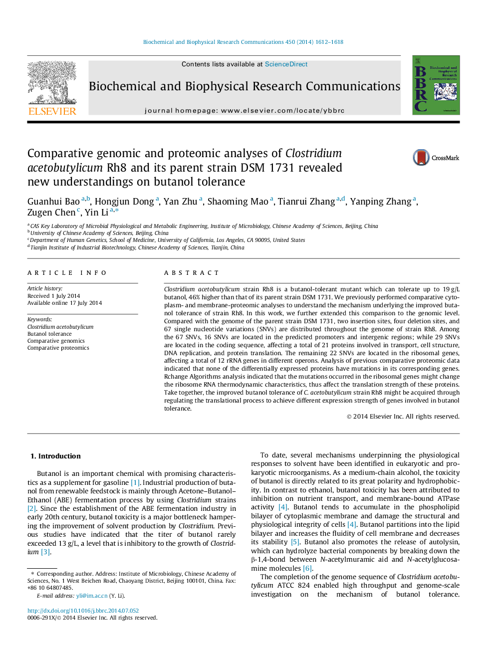 Comparative genomic and proteomic analyses of Clostridium acetobutylicum Rh8 and its parent strain DSM 1731 revealed new understandings on butanol tolerance