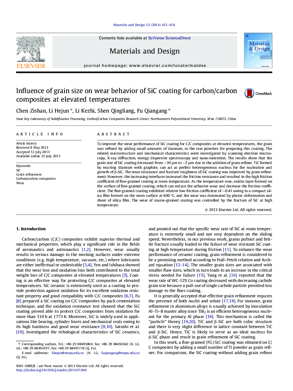 Influence of grain size on wear behavior of SiC coating for carbon/carbon composites at elevated temperatures