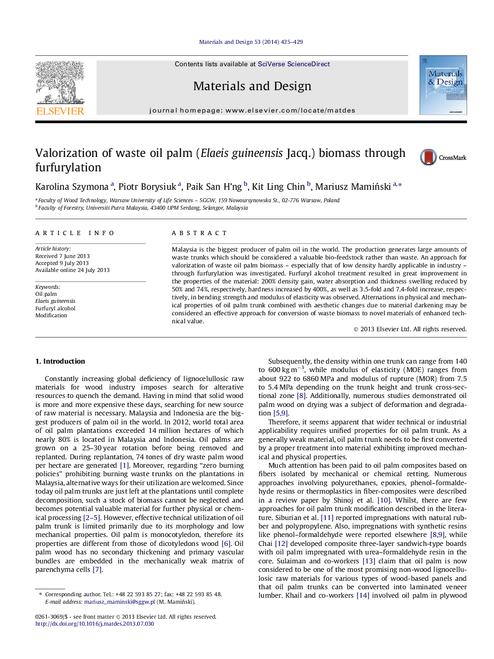 Valorization of waste oil palm (Elaeis guineensis Jacq.) biomass through furfurylation