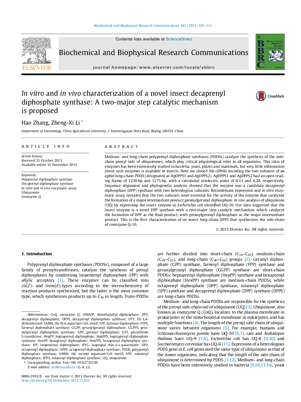 In vitro and in vivo characterization of a novel insect decaprenyl diphosphate synthase: A two-major step catalytic mechanism is proposed