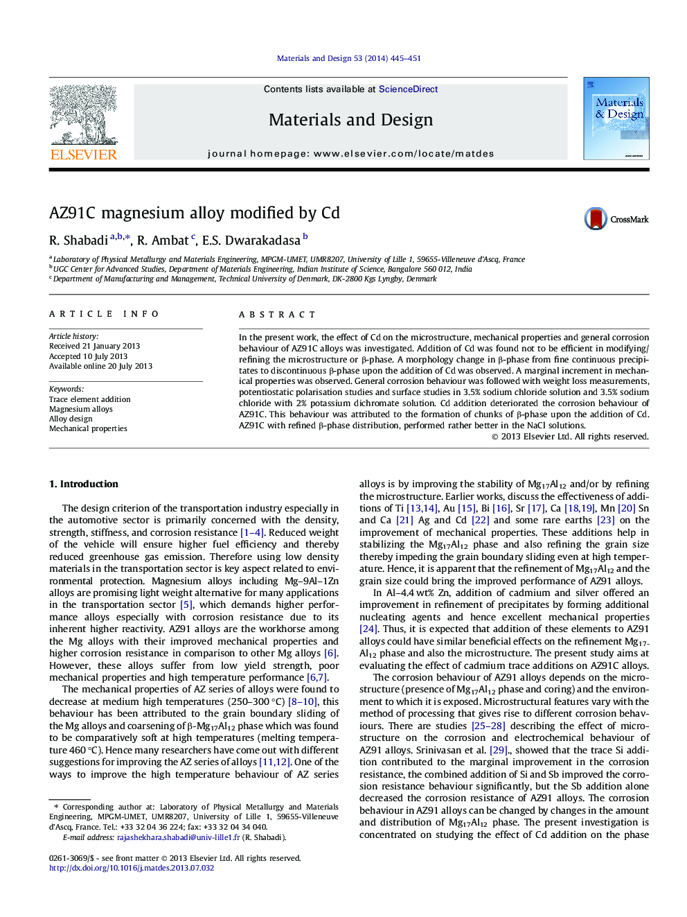 AZ91C magnesium alloy modified by Cd