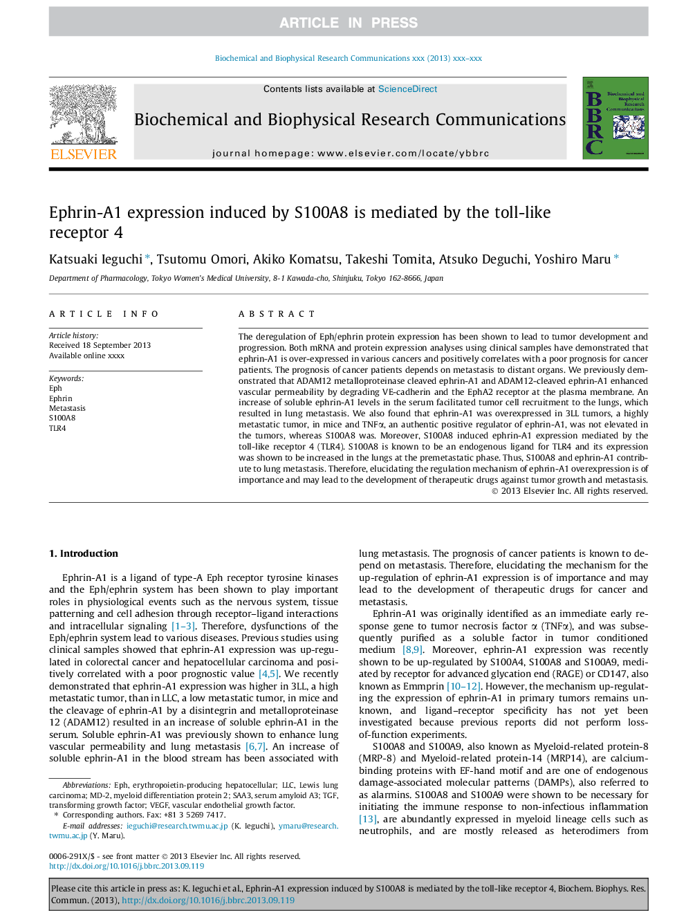 Ephrin-A1 expression induced by S100A8 is mediated by the toll-like receptor 4