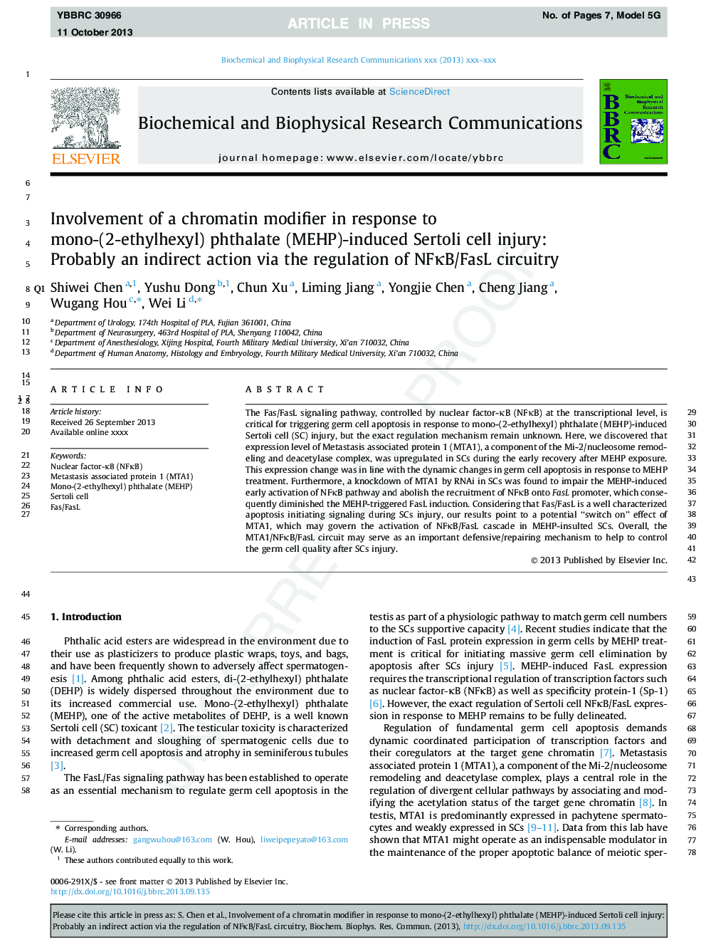 Involvement of a chromatin modifier in response to mono-(2-ethylhexyl) phthalate (MEHP)-induced Sertoli cell injury: Probably an indirect action via the regulation of NFÎºB/FasL circuitry