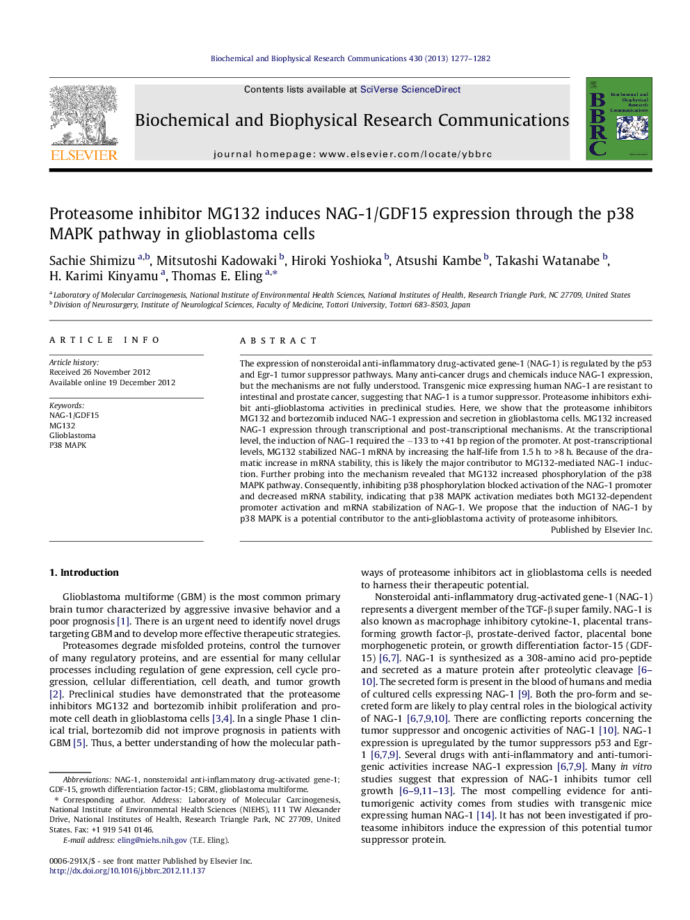 Proteasome inhibitor MG132 induces NAG-1/GDF15 expression through the p38 MAPK pathway in glioblastoma cells