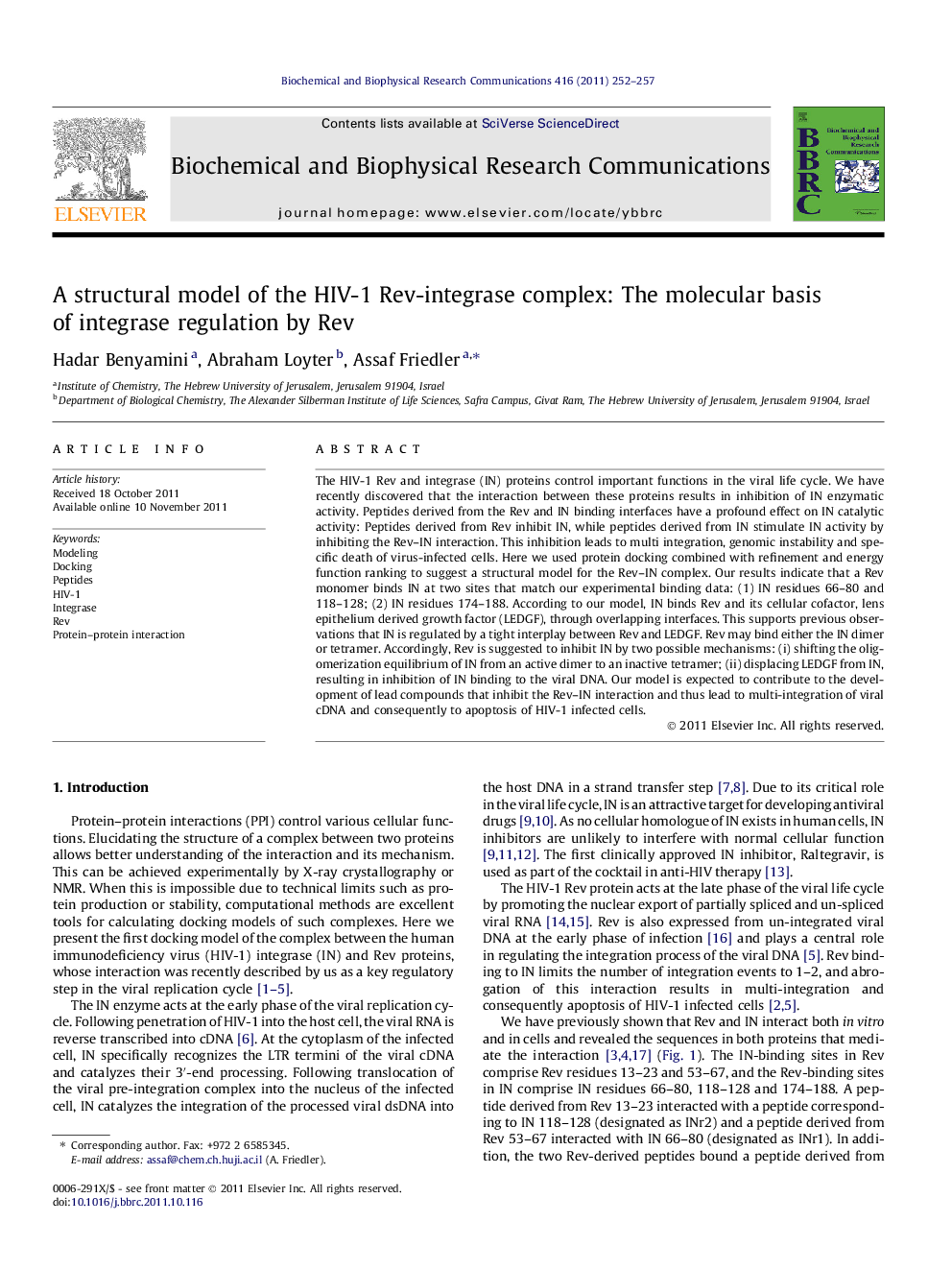 A structural model of the HIV-1 Rev-integrase complex: The molecular basis of integrase regulation by Rev