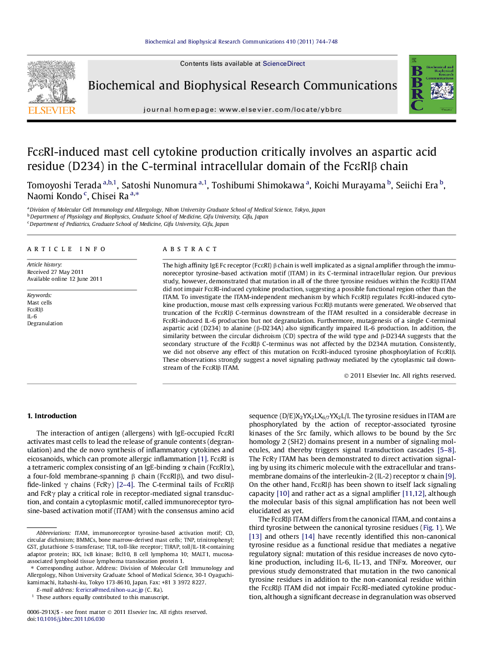 FcÎµRI-induced mast cell cytokine production critically involves an aspartic acid residue (D234) in the C-terminal intracellular domain of the FcÎµRIÎ² chain