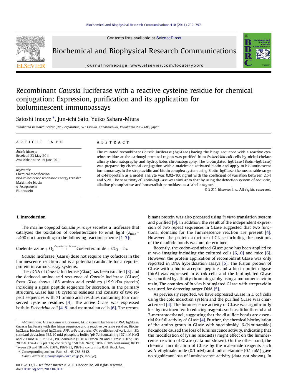 Recombinant Gaussia luciferase with a reactive cysteine residue for chemical conjugation: Expression, purification and its application for bioluminescent immunoassays