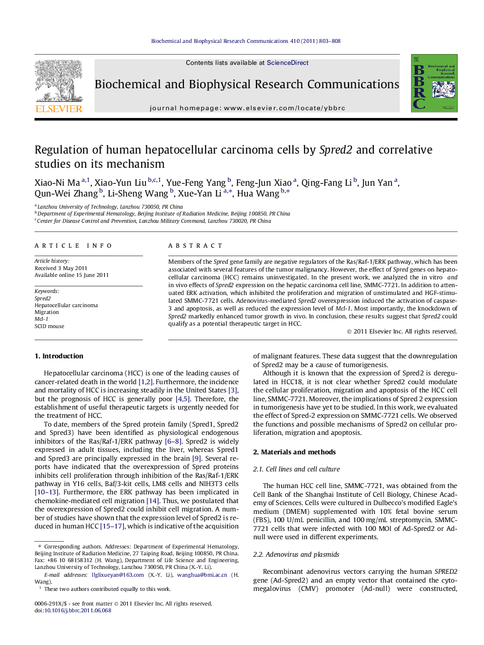 Regulation of human hepatocellular carcinoma cells by Spred2 and correlative studies on its mechanism