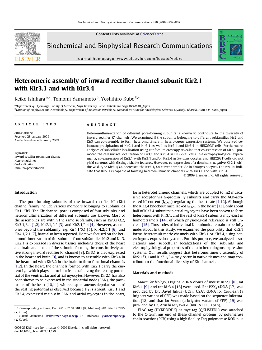 Heteromeric assembly of inward rectifier channel subunit Kir2.1 with Kir3.1 and with Kir3.4