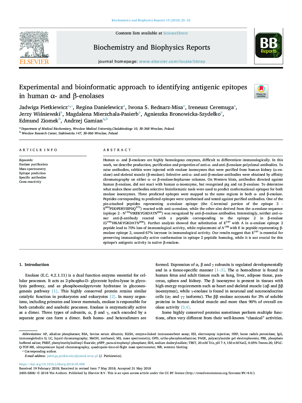 Experimental and bioinformatic approach to identifying antigenic epitopes in human Î±- and Î²-enolases