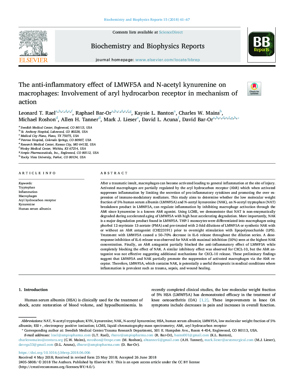 The anti-inflammatory effect of LMWF5A and N-acetyl kynurenine on macrophages: Involvement of aryl hydrocarbon receptor in mechanism of action