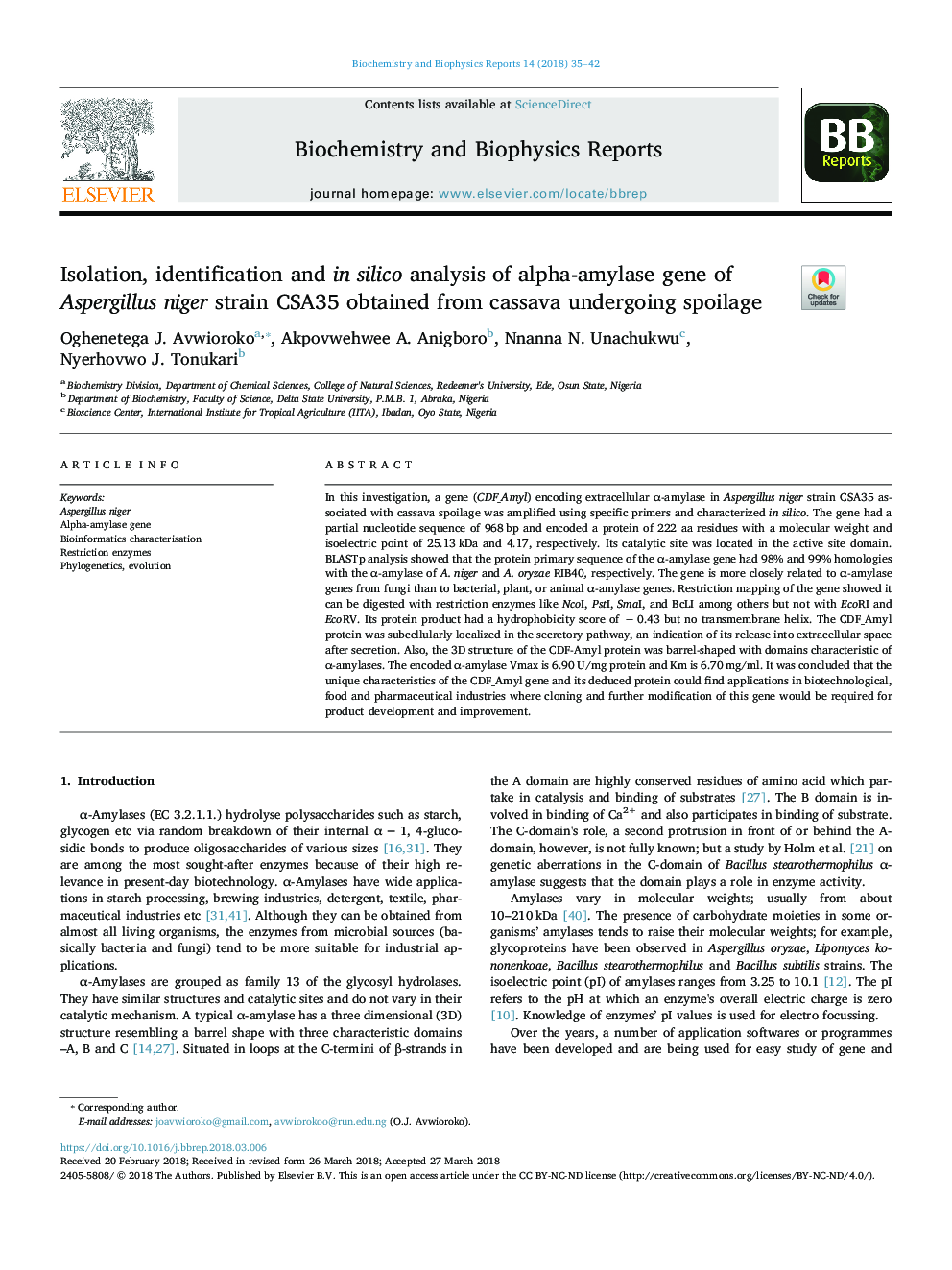Isolation, identification and in silico analysis of alpha-amylase gene of Aspergillus niger strain CSA35 obtained from cassava undergoing spoilage