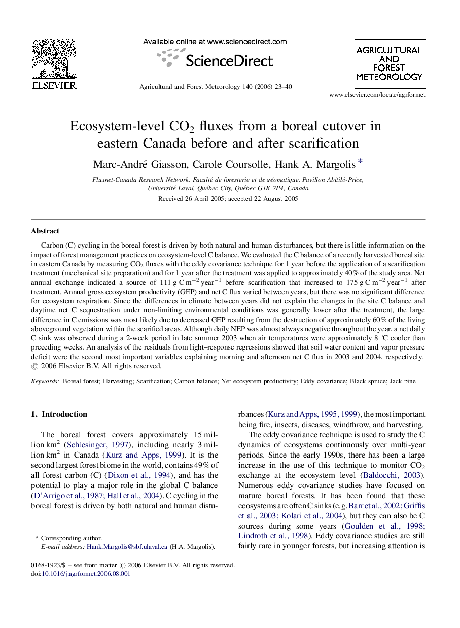 Ecosystem-level CO2 fluxes from a boreal cutover in eastern Canada before and after scarification