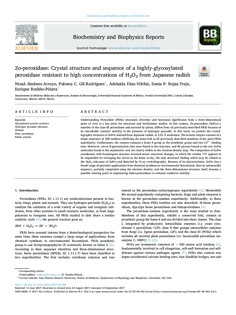 Zo-peroxidase: Crystal structure and sequence of a highly-glycosylated peroxidase resistant to high concentrations of H2O2 from Japanese radish