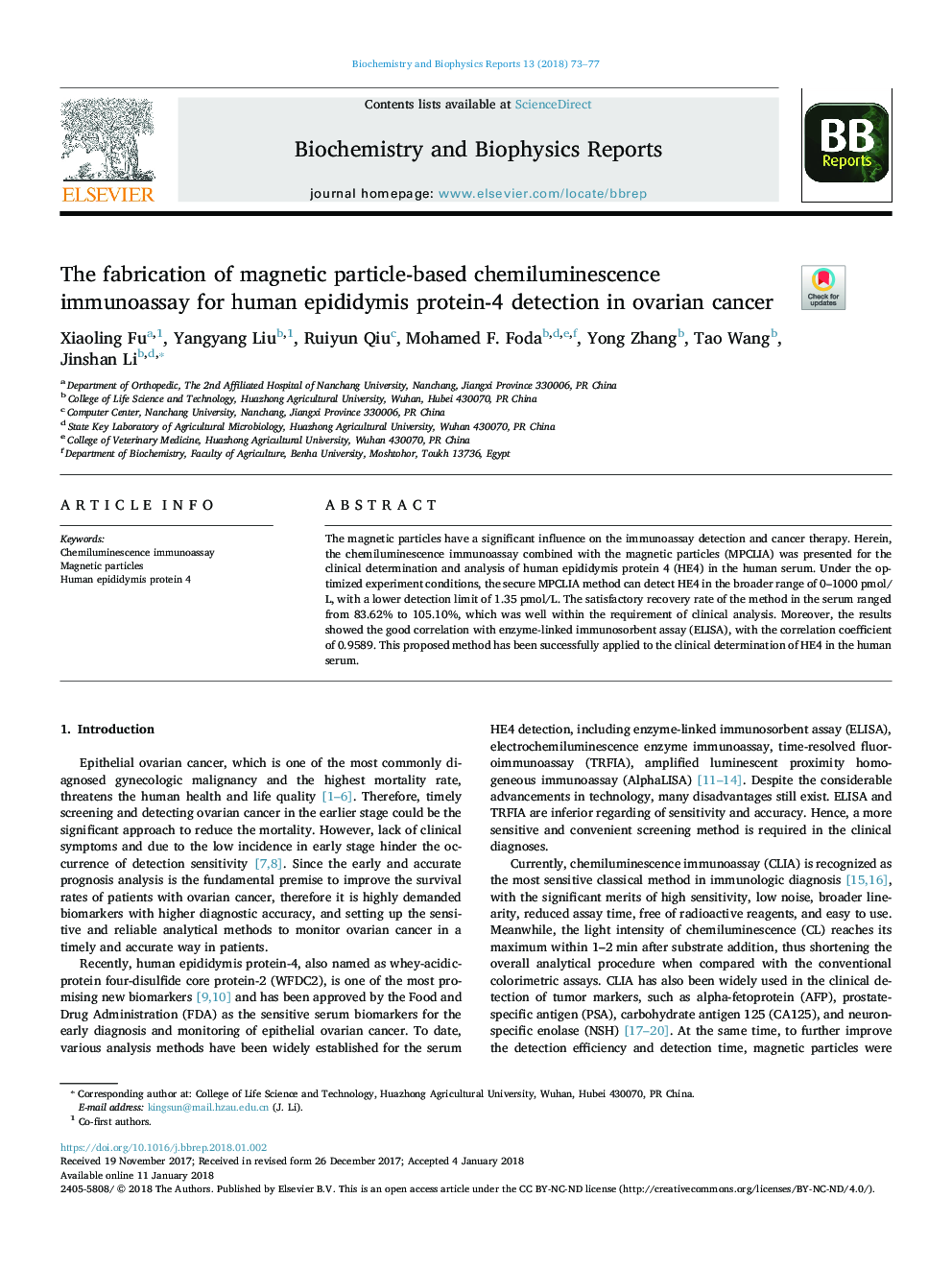 The fabrication of magnetic particle-based chemiluminescence immunoassay for human epididymis protein-4 detection in ovarian cancer