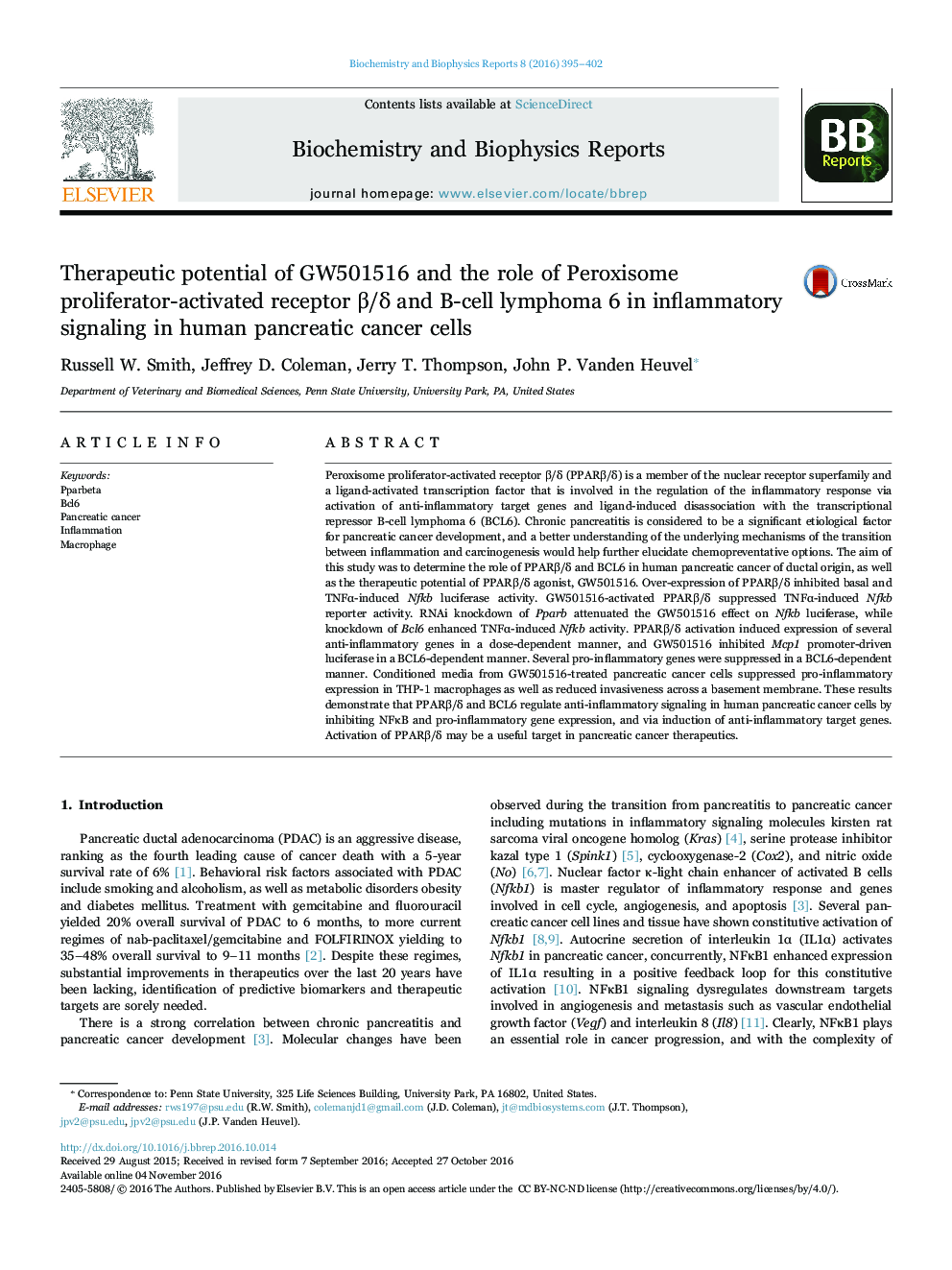 Therapeutic potential of GW501516 and the role of Peroxisome proliferator-activated receptor Î²/Î´ and B-cell lymphoma 6 in inflammatory signaling in human pancreatic cancer cells