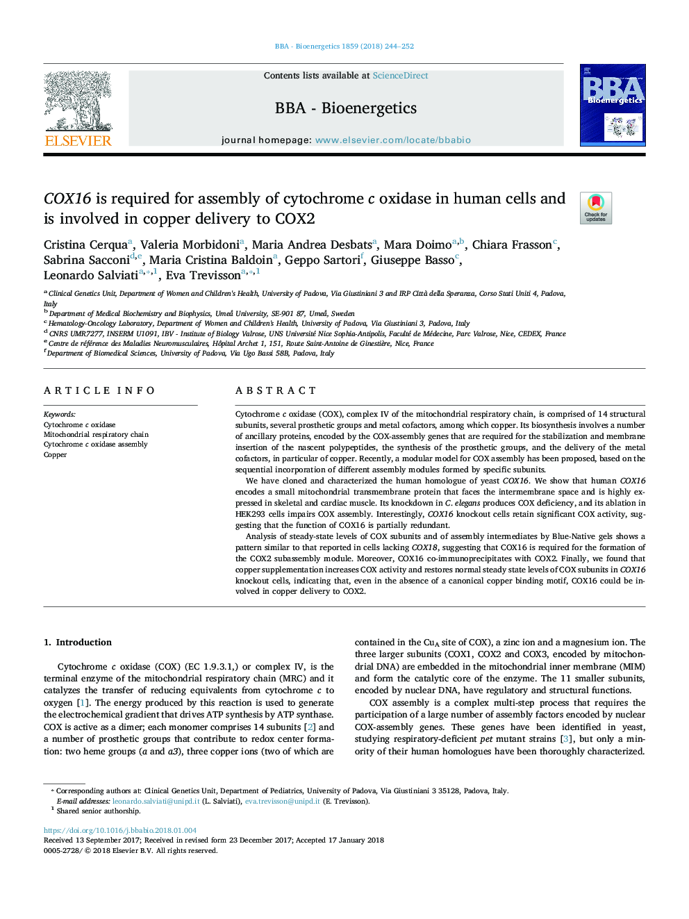 COX16 is required for assembly of cytochrome c oxidase in human cells and is involved in copper delivery to COX2