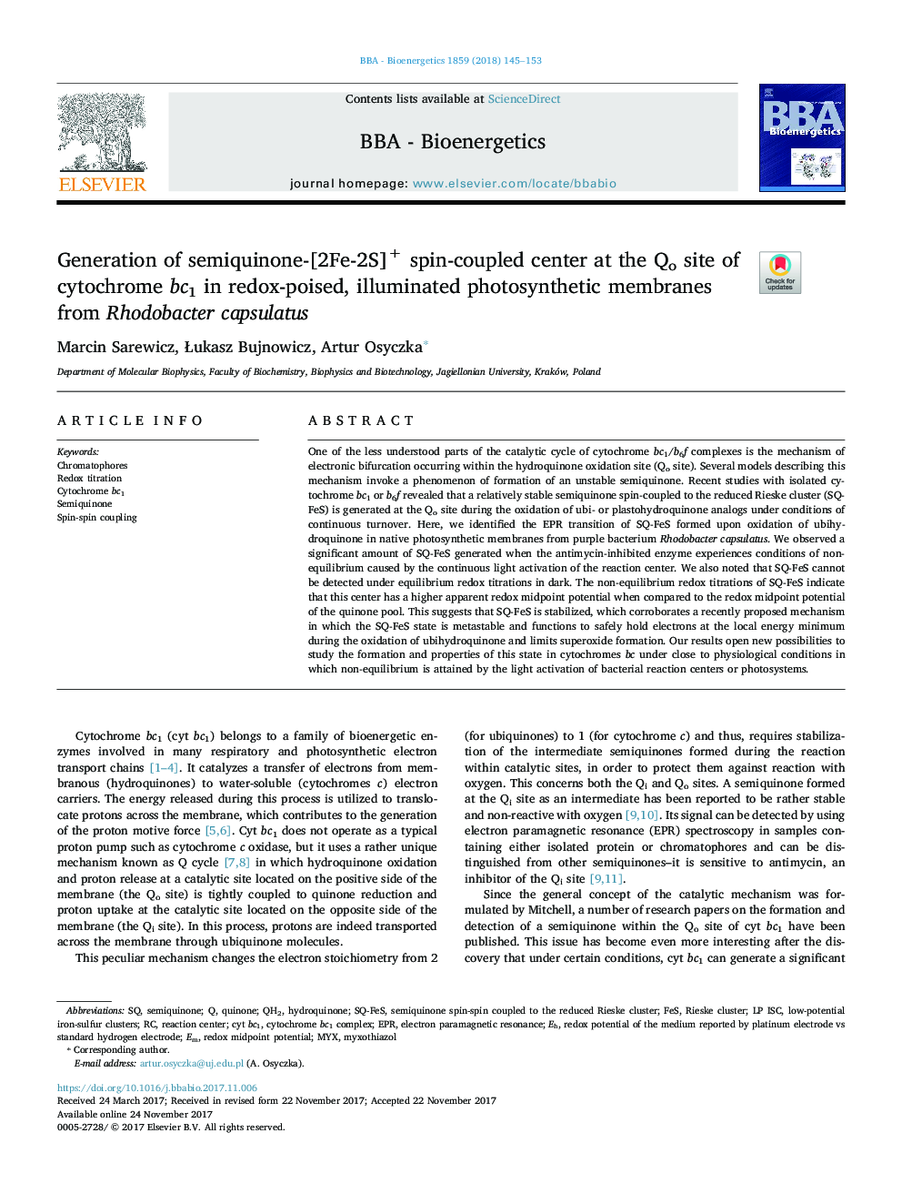 Generation of semiquinone-[2Fe-2S]+ spin-coupled center at the Qo site of cytochrome bc1 in redox-poised, illuminated photosynthetic membranes from Rhodobacter capsulatus