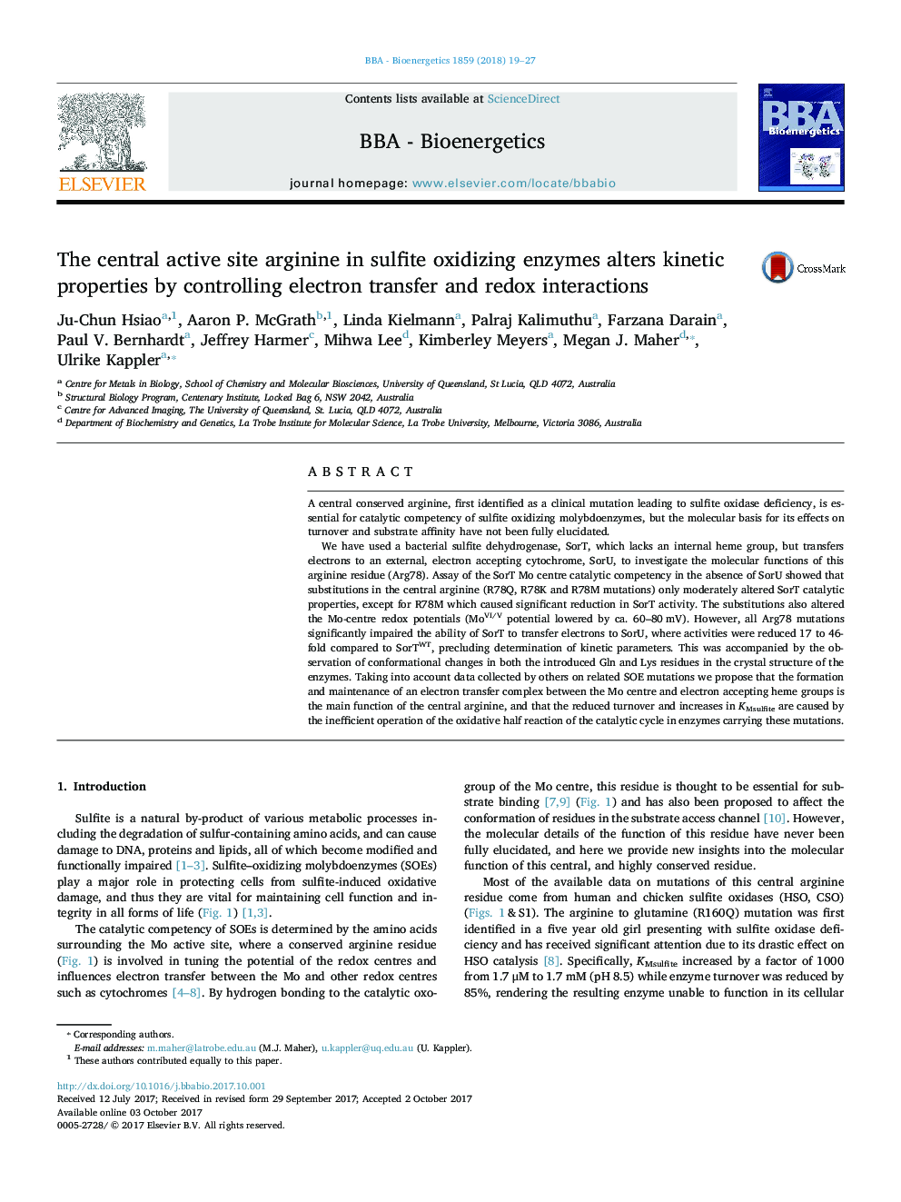 The central active site arginine in sulfite oxidizing enzymes alters kinetic properties by controlling electron transfer and redox interactions