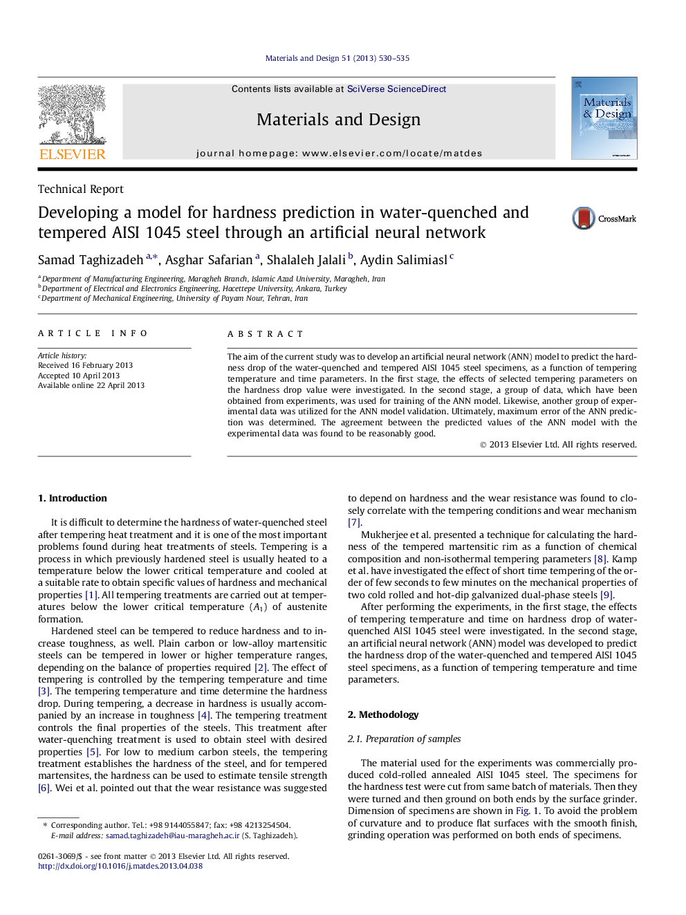 Developing a model for hardness prediction in water-quenched and tempered AISI 1045 steel through an artificial neural network