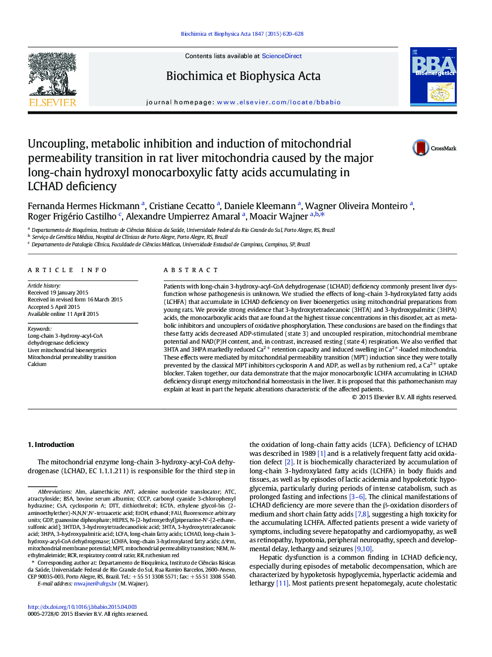 Uncoupling, metabolic inhibition and induction of mitochondrial permeability transition in rat liver mitochondria caused by the major long-chain hydroxyl monocarboxylic fatty acids accumulating in LCHAD deficiency