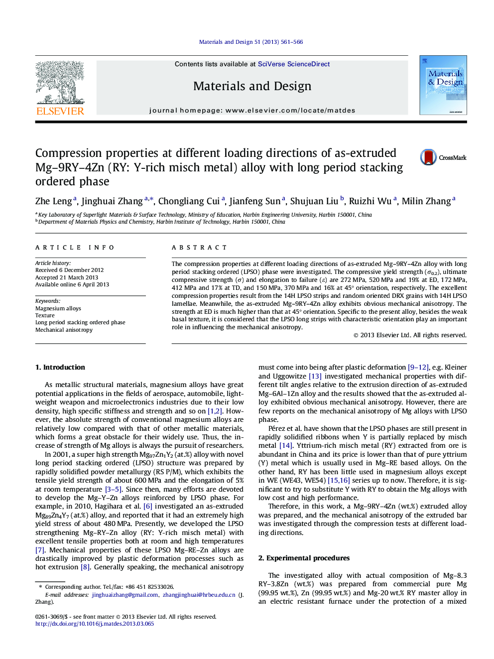 Compression properties at different loading directions of as-extruded Mg–9RY–4Zn (RY: Y-rich misch metal) alloy with long period stacking ordered phase