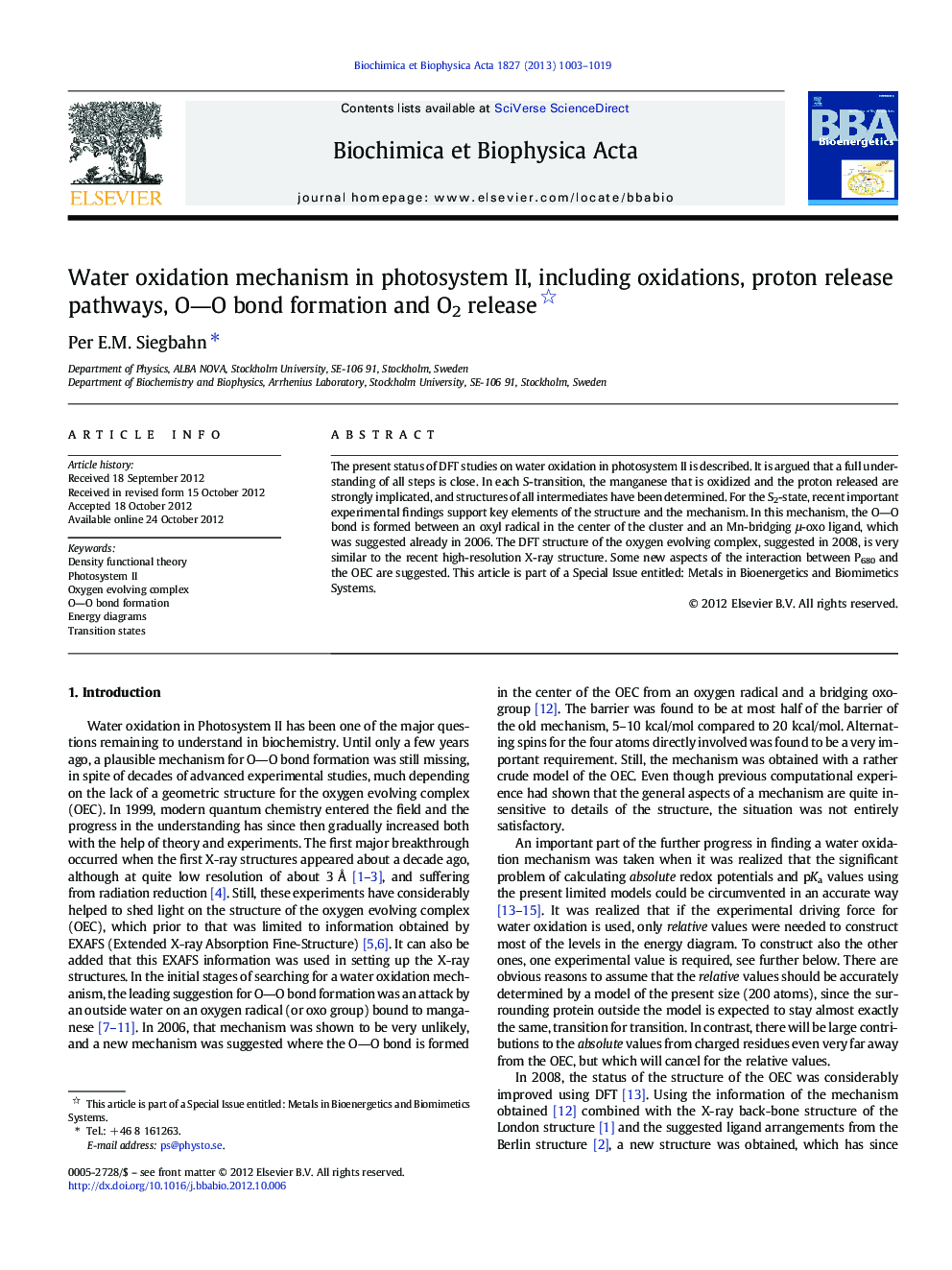 Water oxidation mechanism in photosystem II, including oxidations, proton release pathways, OâO bond formation and O2 release