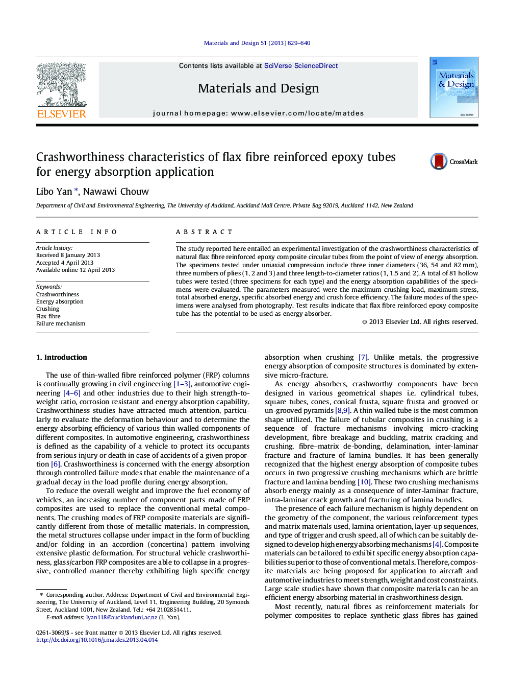 Crashworthiness characteristics of flax fibre reinforced epoxy tubes for energy absorption application