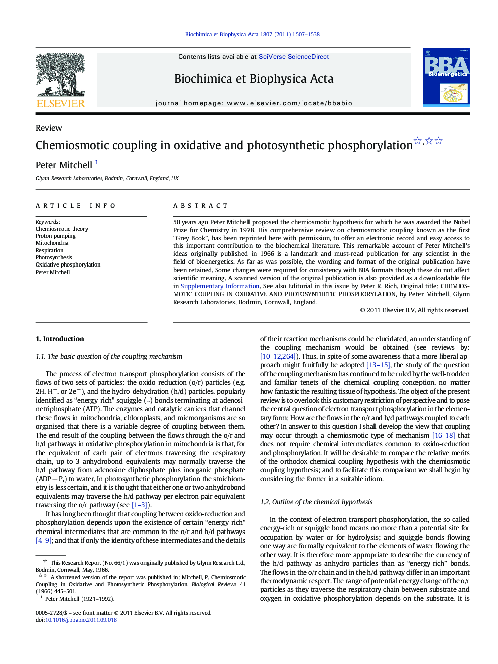 Chemiosmotic coupling in oxidative and photosynthetic phosphorylation