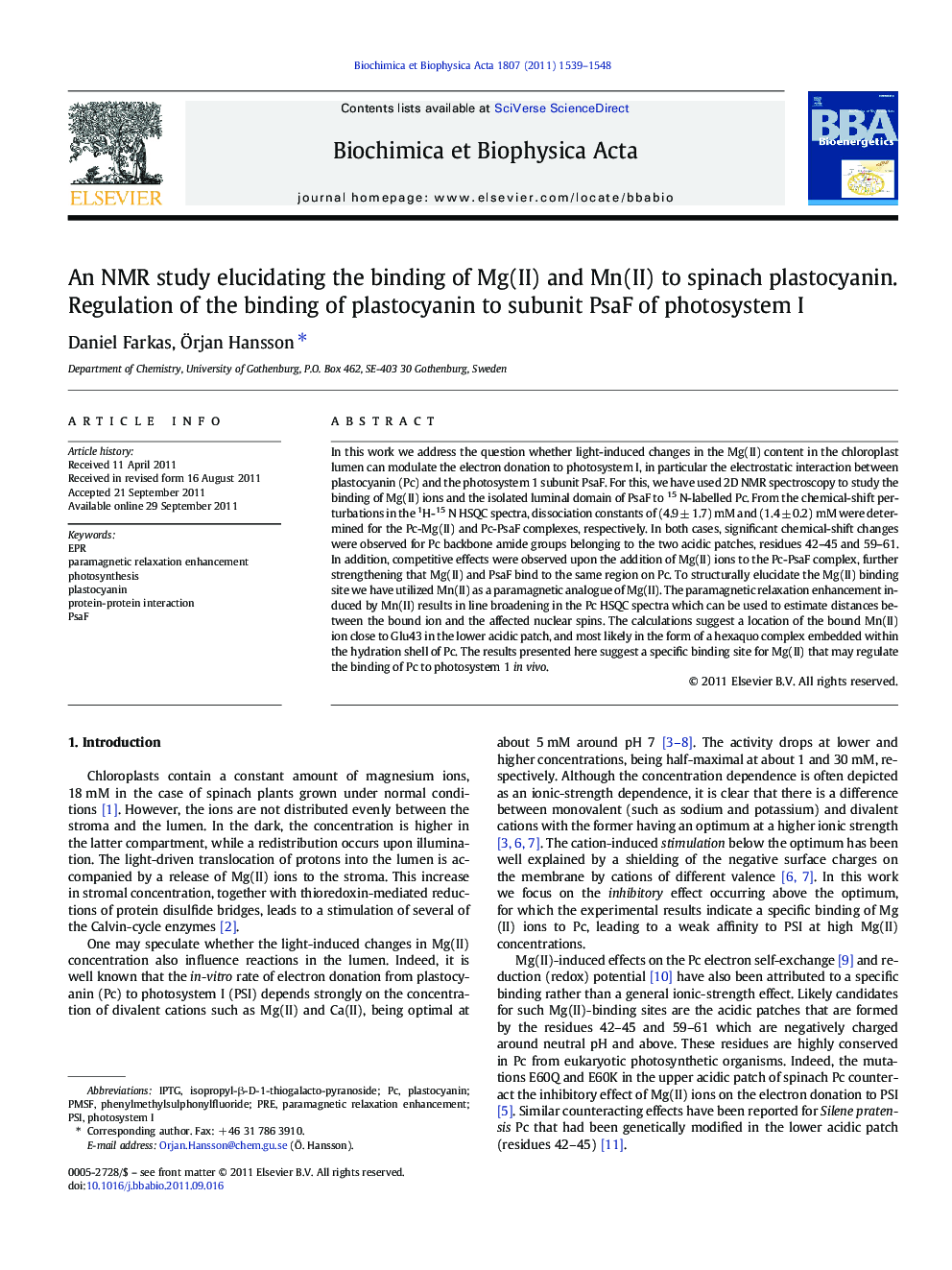 An NMR study elucidating the binding of Mg(II) and Mn(II) to spinach plastocyanin. Regulation of the binding of plastocyanin to subunit PsaF of photosystem I