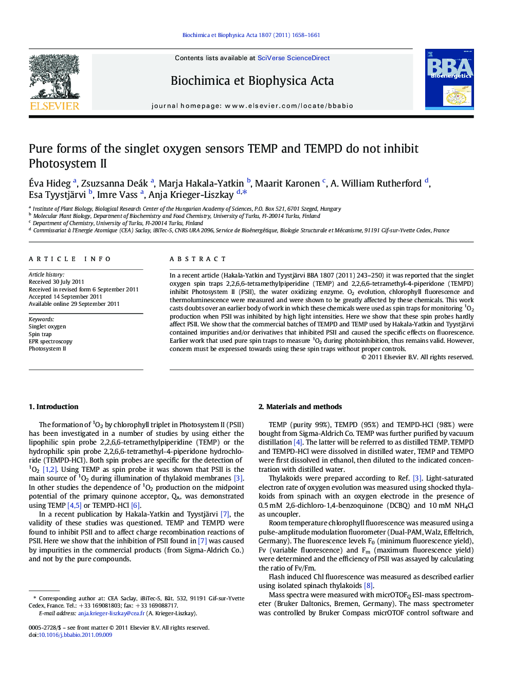 Pure forms of the singlet oxygen sensors TEMP and TEMPD do not inhibit Photosystem II